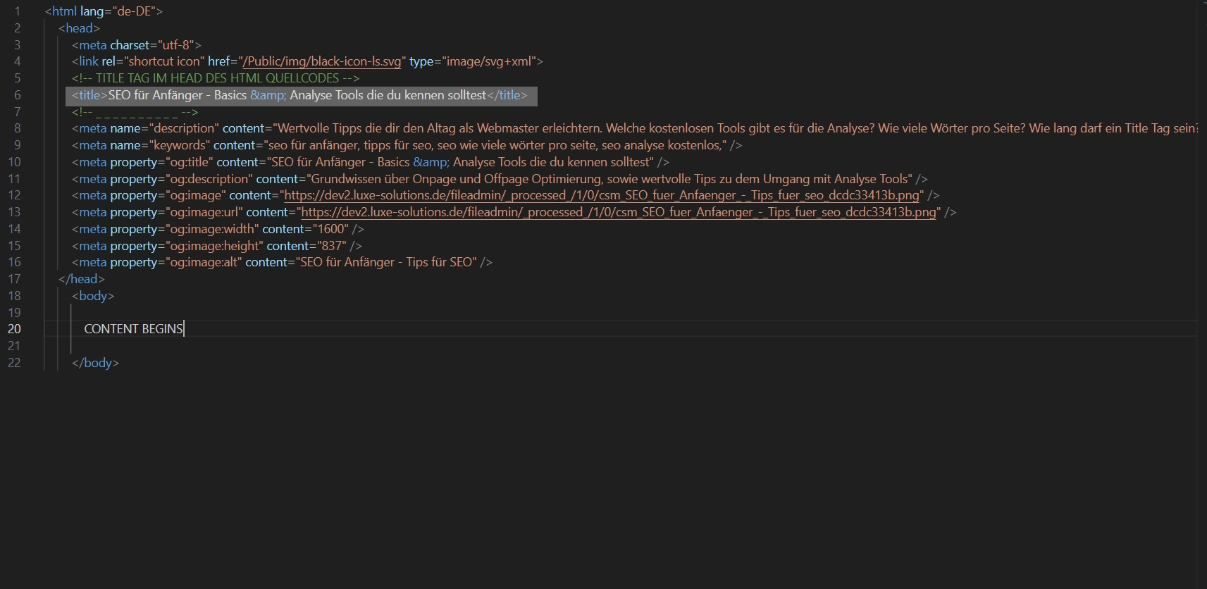 Beispiel Title Tag im HTML Quellcode