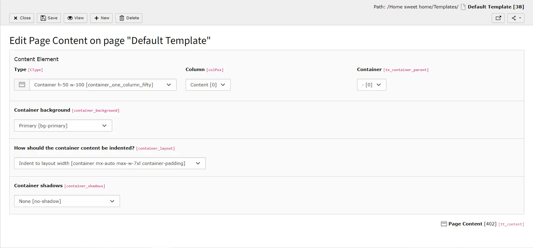 Typo3 Container Einstellungen