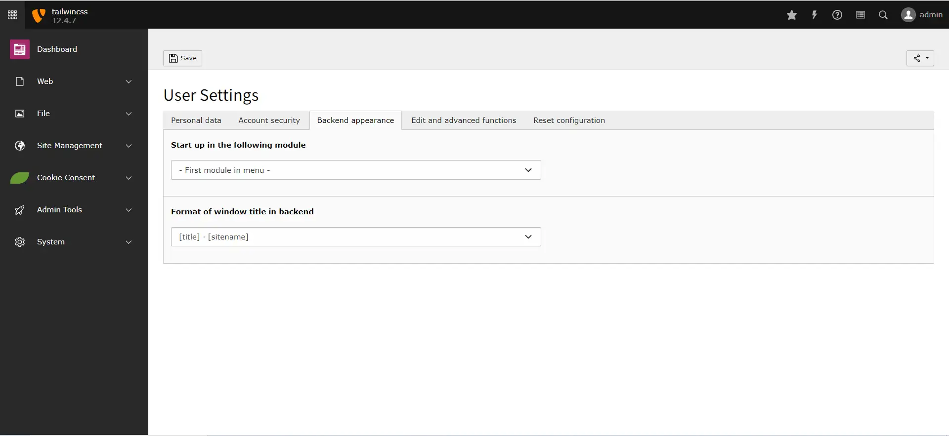 Typo3 user settings backend appearance