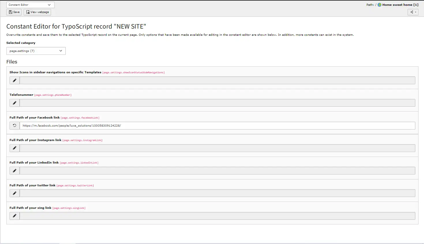 Typo3 typoscript constants page settings