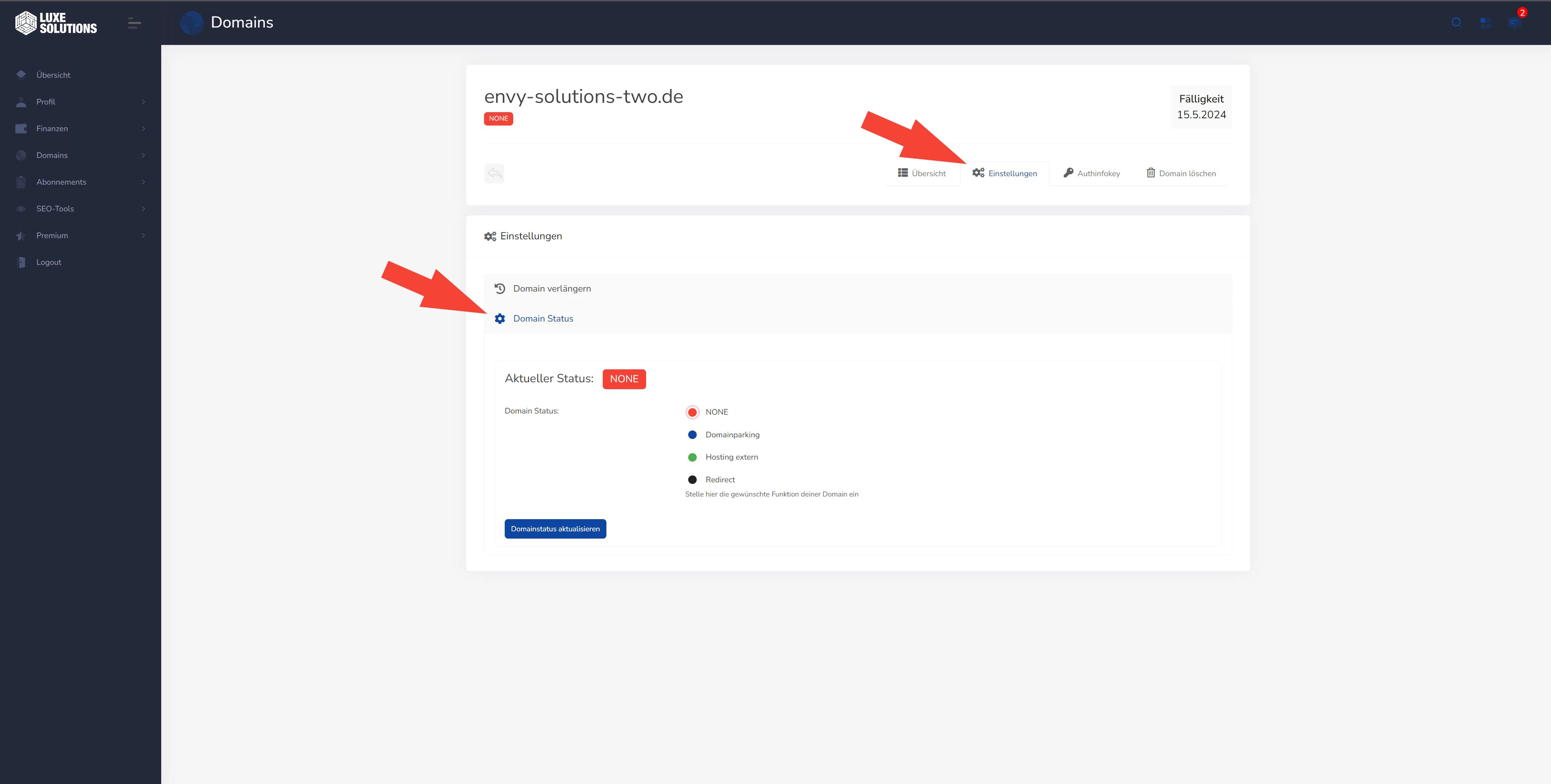 Luxe-Solutions Domain-Status einstellen