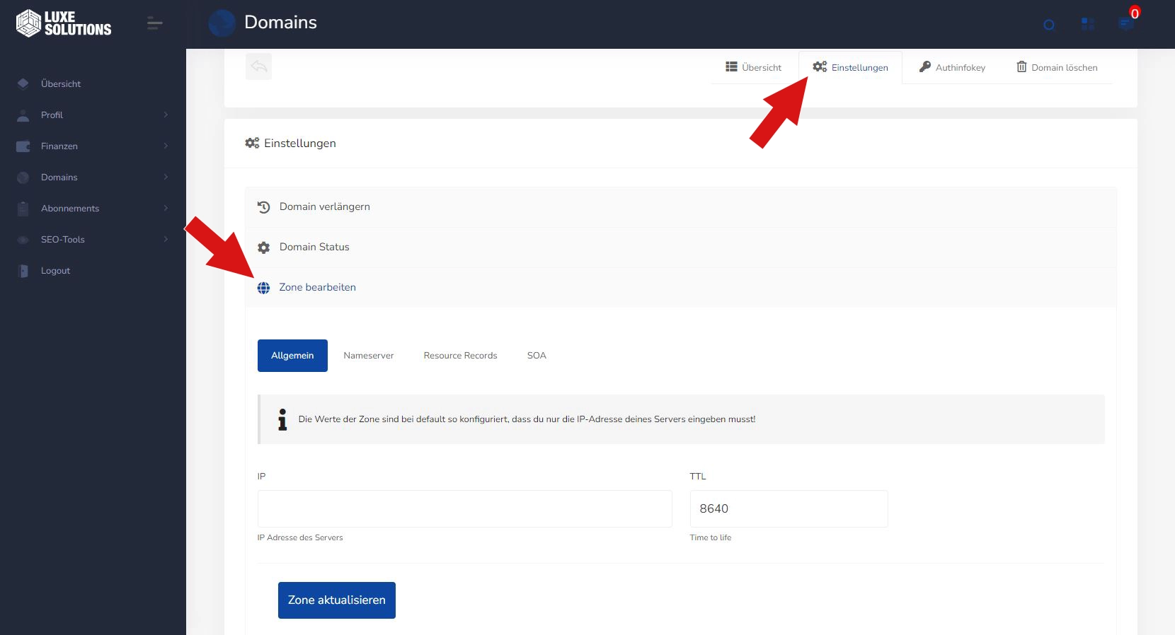 Luxe-Solutions Domain Zonenverwaltung