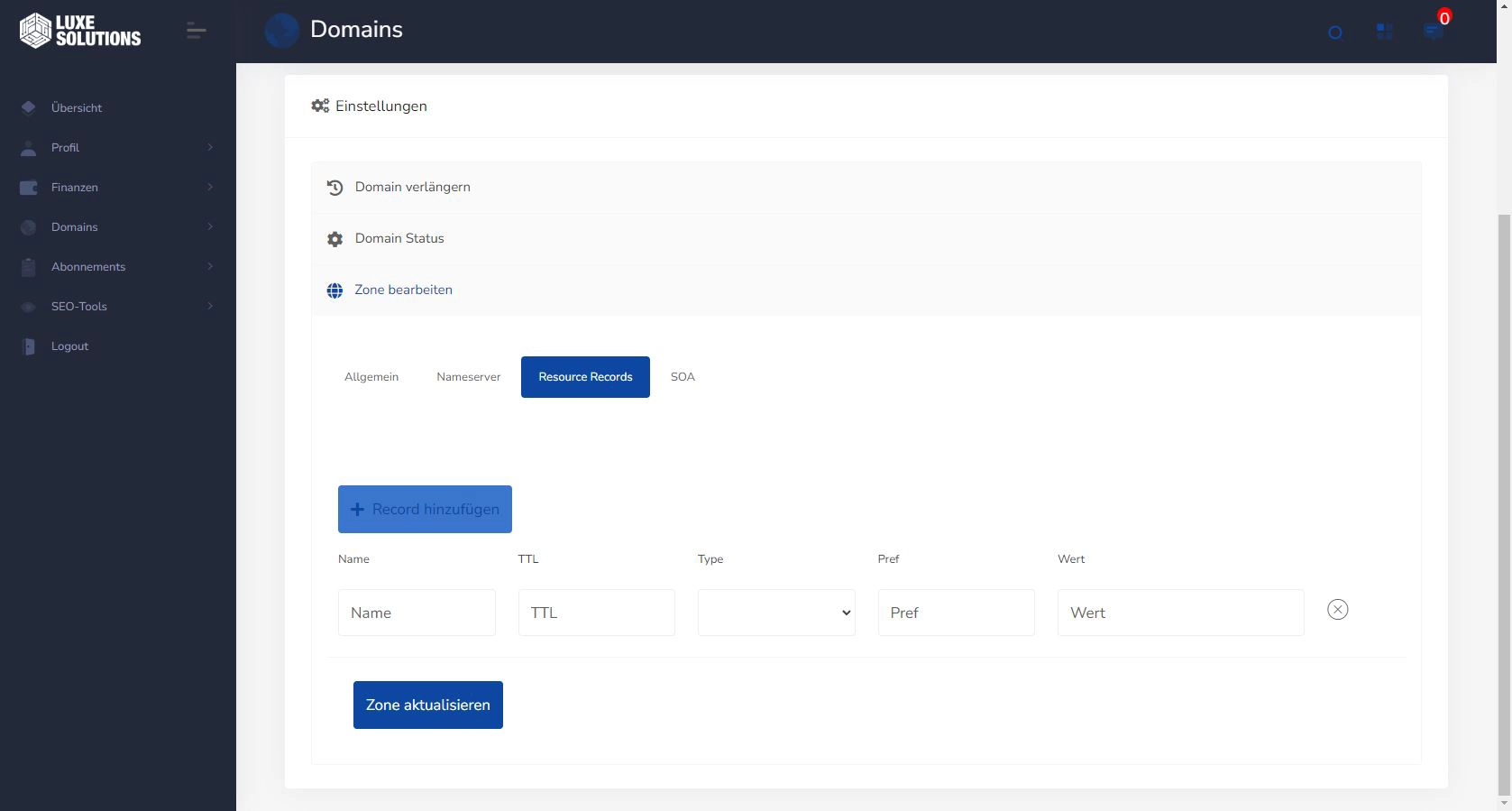 Luxe-Solutions DNS Einträge - Resource Records