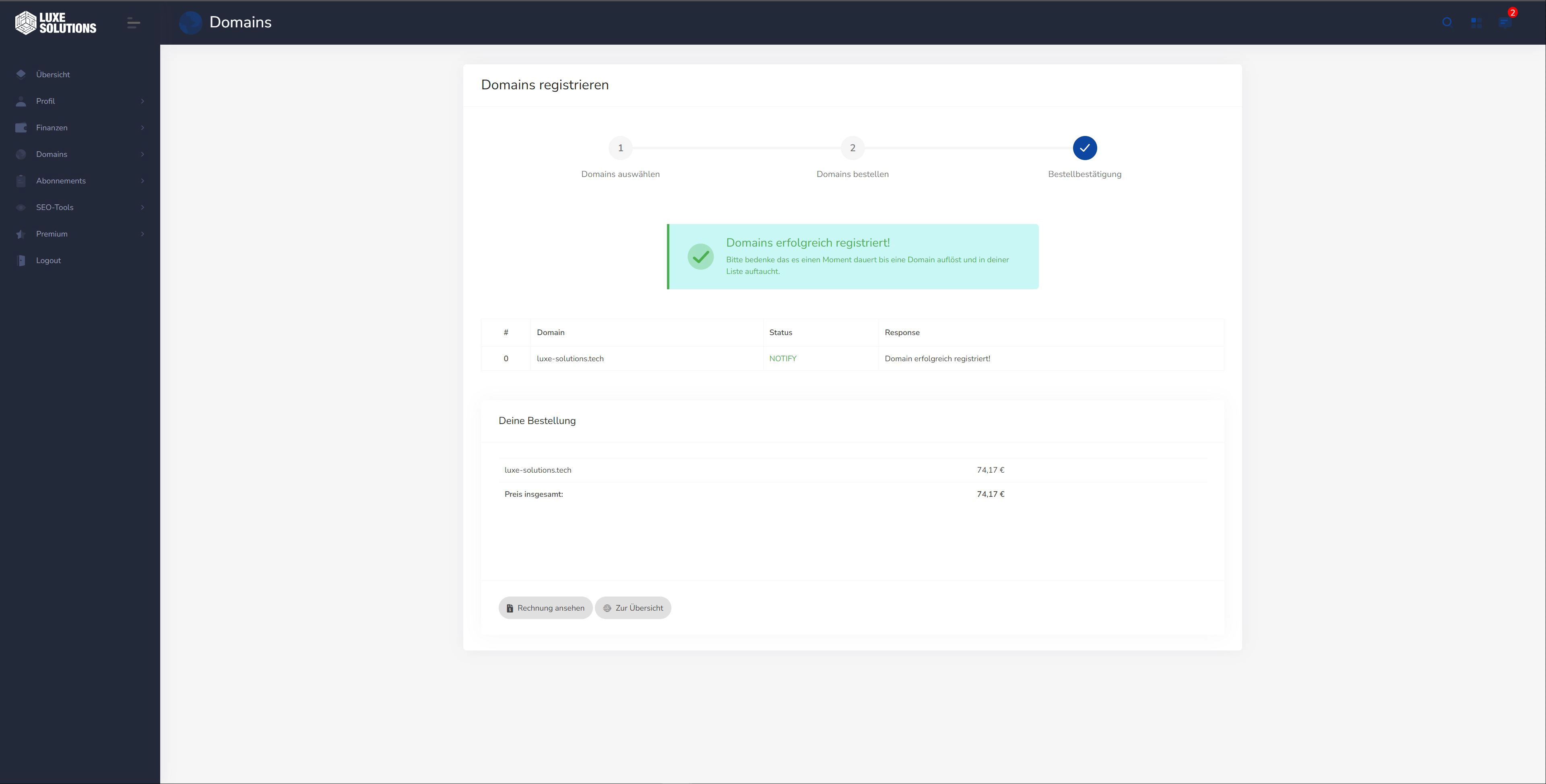 Luxe-Solutions - Domains registrieren Bestellbestätigung